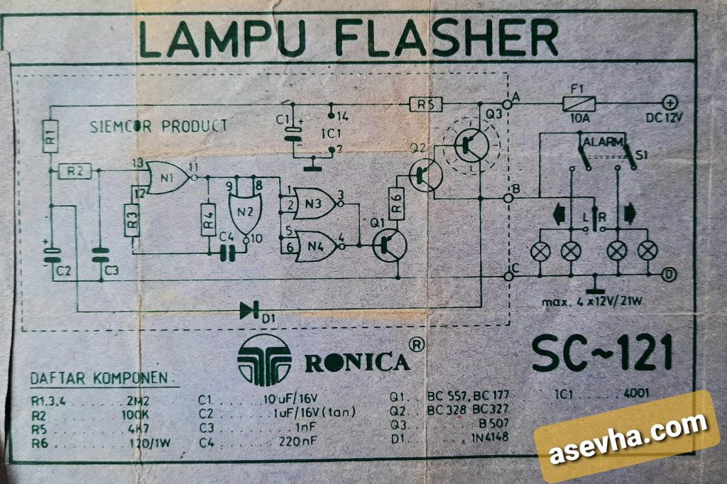 Skema Lampu Flasher, Lampu Sein Ronica SC-121