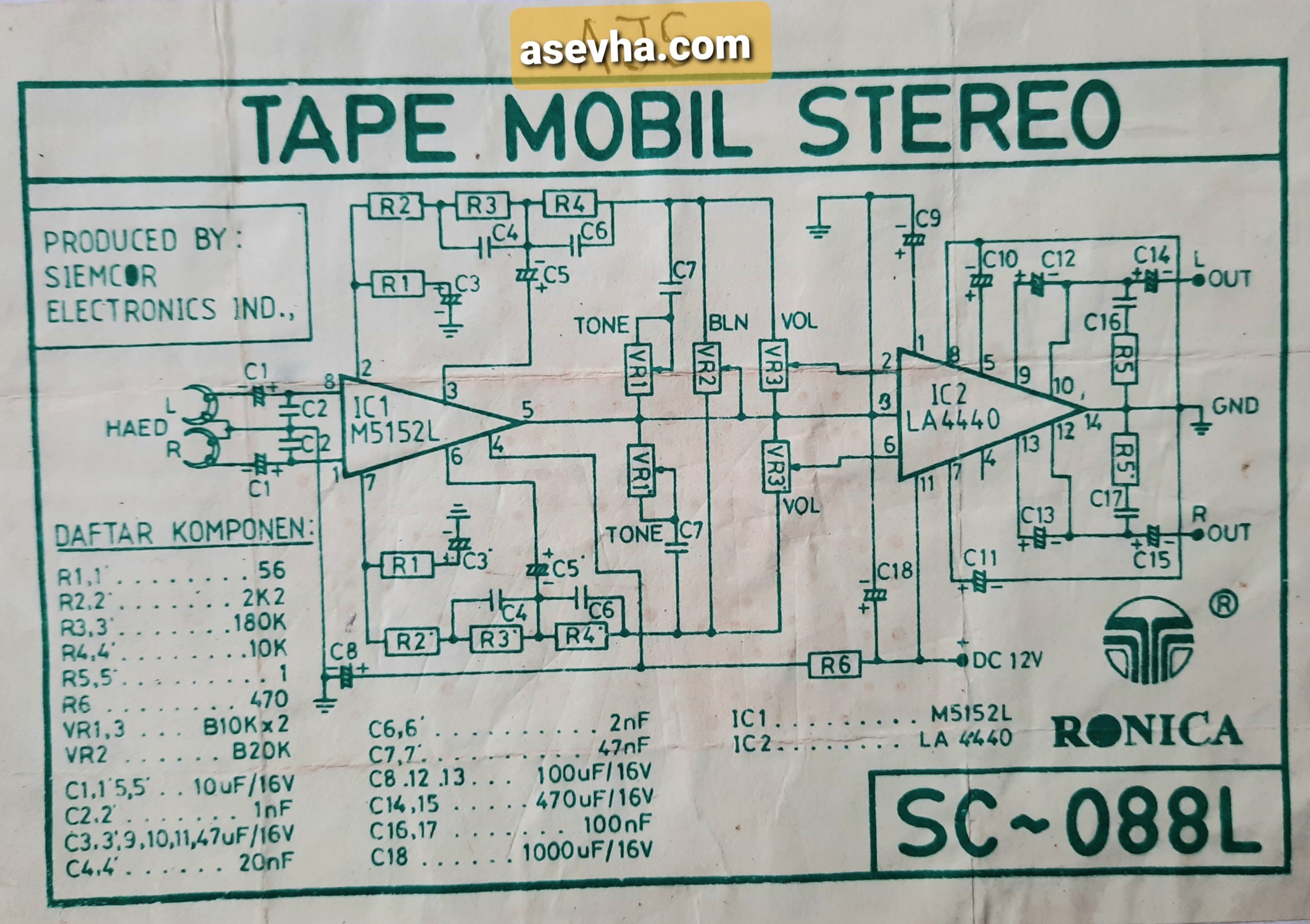 Skema Tape Mobil Stereo IC LA4440 by Ronica SC-088L