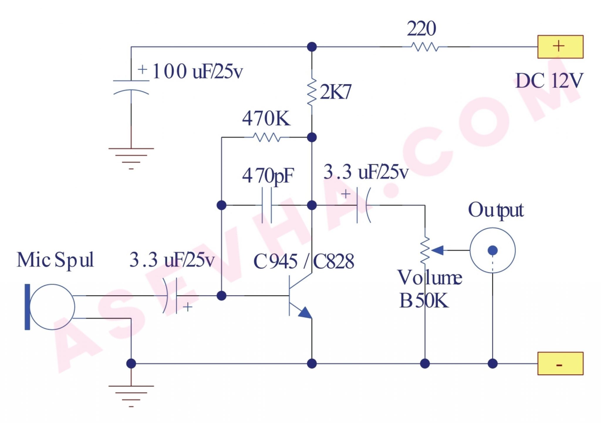 Skema Pre-Amp Mic Dynamic (Mic Spul) 1 Transistor - Tutorial