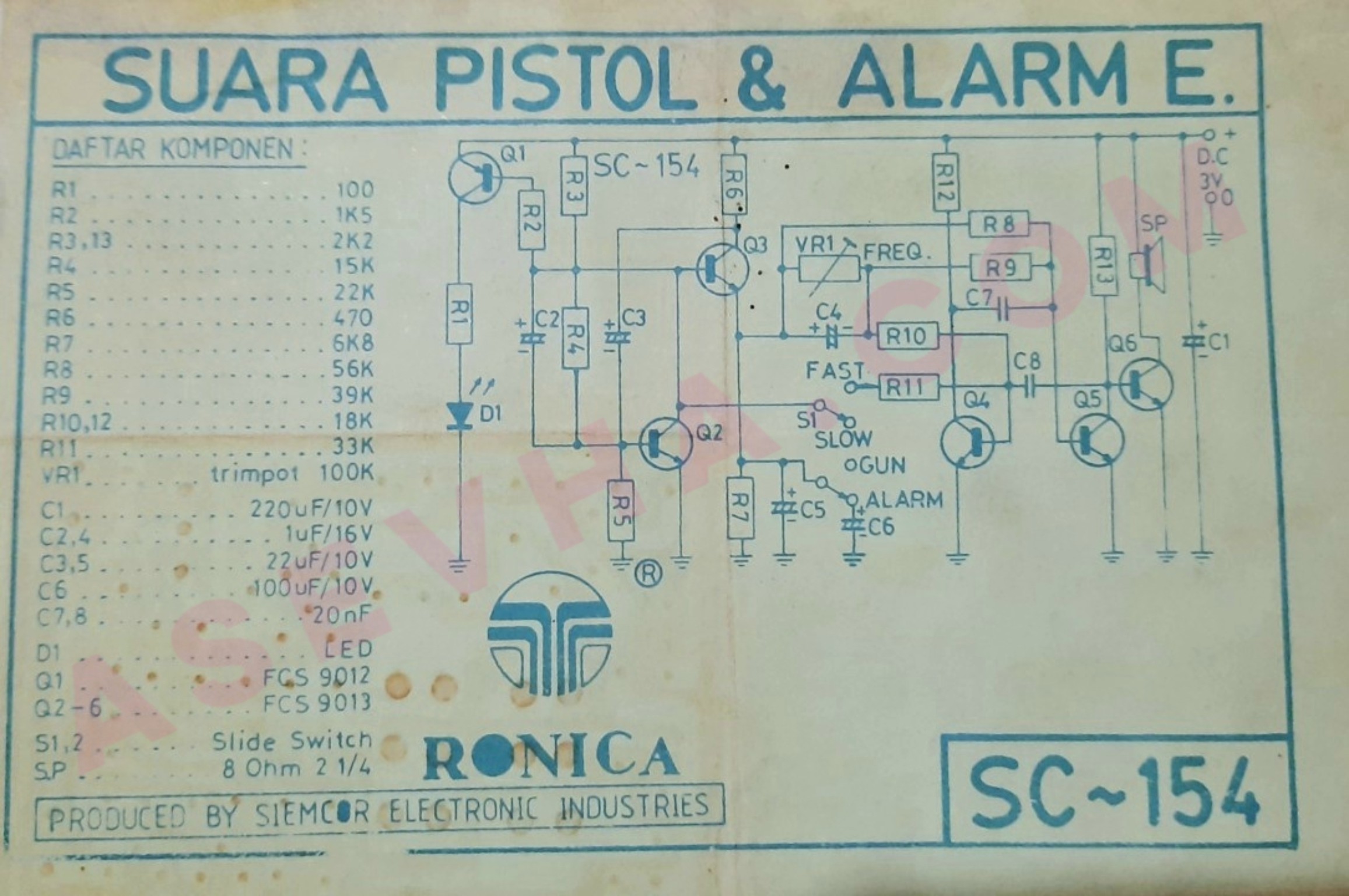 Skema Rangkaian Suara Pistol & Alarm dengan Transistor By Ronica SC-154